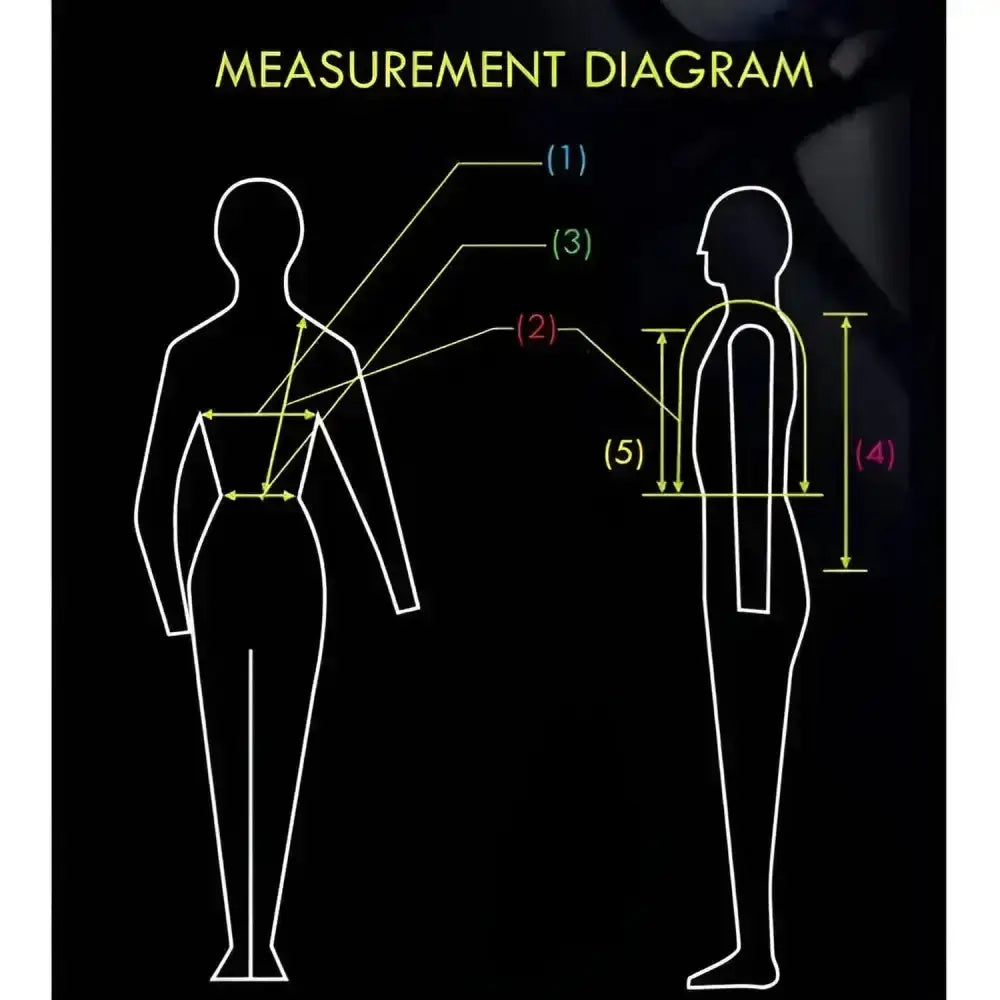 Measurement diagram with white line drawings showing sizing points on champion titanium ti22 children’s body protector