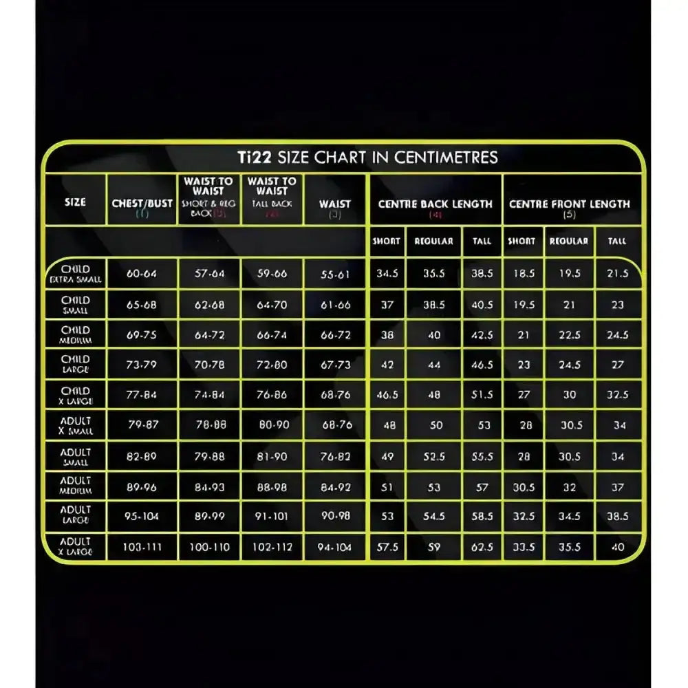 Size chart for champion titanium ti22 childrens body protectors in centimetres with neon yellow borders and white text on black