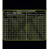Size chart for champion titanium ti22 childrens body protectors in centimetres with neon yellow borders and white text on black
