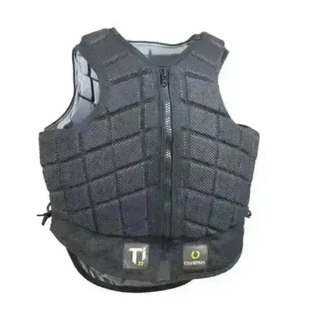 Black padded champion titanium ti22 children’s body protector with quilted design and front zipper closure