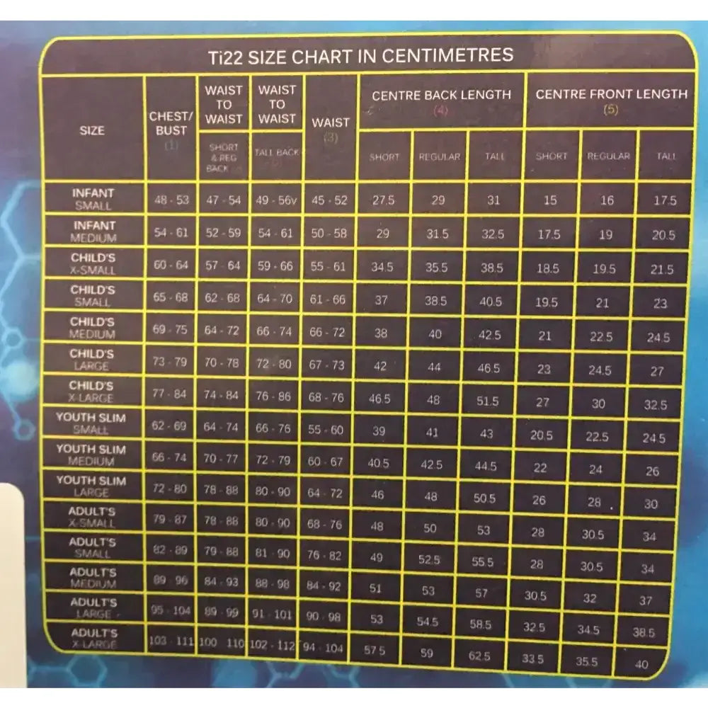 Detailed size chart for champion titanium ti22 infant body protectors showing measurements in centimeters for tiny tots