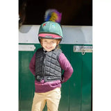 Teal champion titanium ti22 infant body protector with pink trim and multicolored fur pom-pom for tiny tots