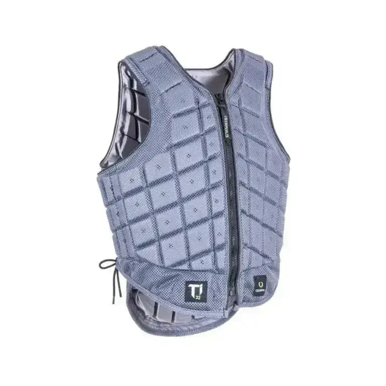 Gray quilted champion titanium ti22 youths body protector vest with black zipper and adjustable straps for riding