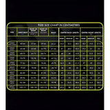 Bright yellow and black champion titanium ti22 size chart showing measurements for youths body protectors in kids and adult sizes