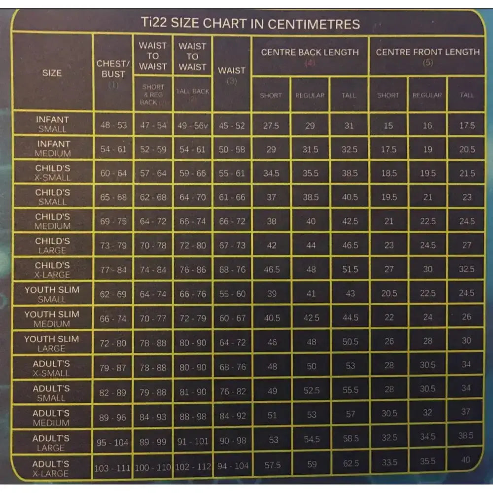 T22 size chart in centimetres with yellow grid lines on dark background for champion titanium ti22 youths body protectors
