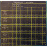 T22 size chart in centimetres with yellow grid lines on dark background for champion titanium ti22 youths body protectors