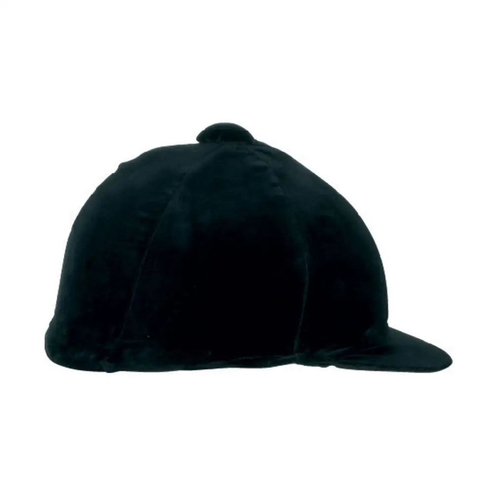 Black velvet riding cap with rounded crown and flat brim in champion velvet hat stretch velvet cover