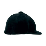 Black velvet riding cap with rounded crown and flat brim in champion velvet hat stretch velvet cover