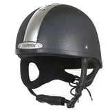 Black champion ventair deluxe skull riding hat with silver stripe and matching brand plaque for equestrian use