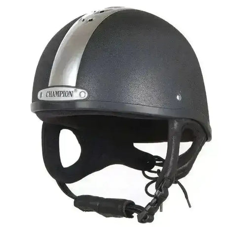 Black champion ventair deluxe skull riding hat with silver stripe and matching brand plaque for equestrian use