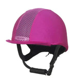 A vibrant pink champion ventair lycra riding hat cover with mesh side panel and black adjustable straps