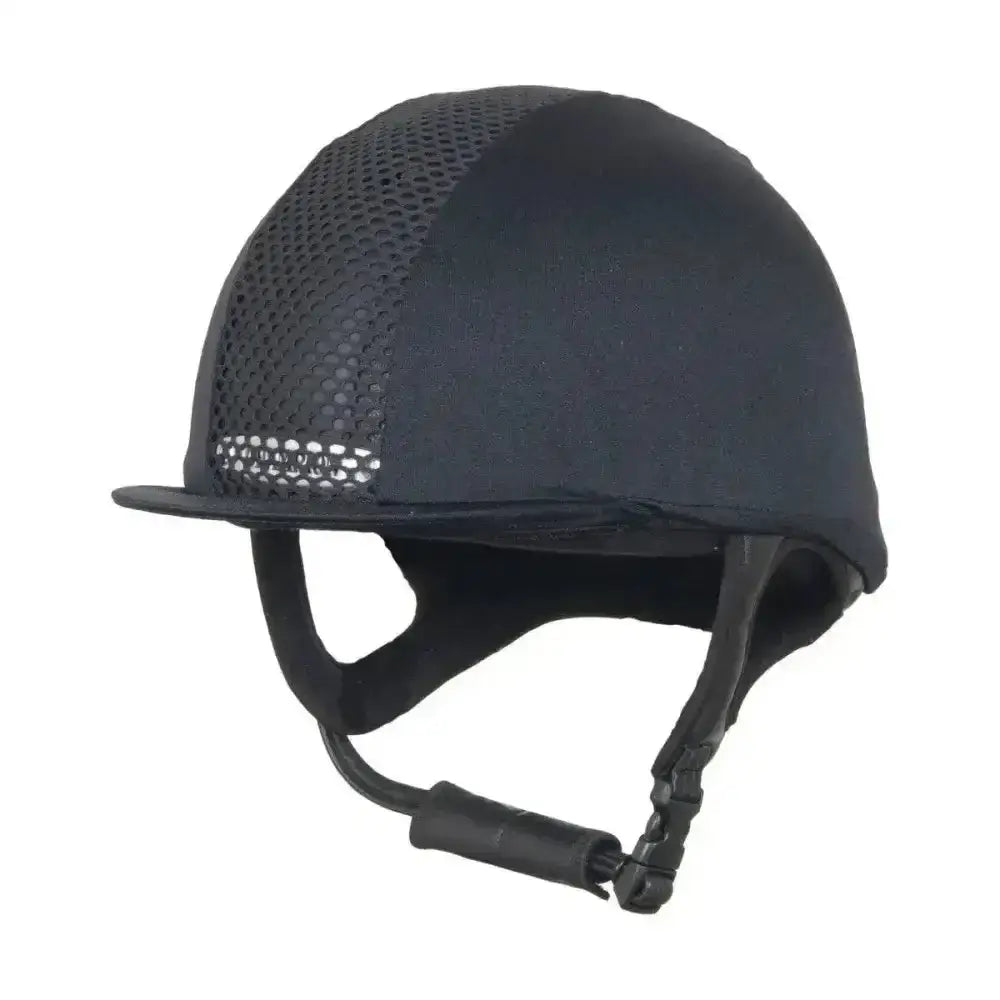 Black champion ventair lycra riding hat cover with mesh panel and adjustable straps for better ventilation