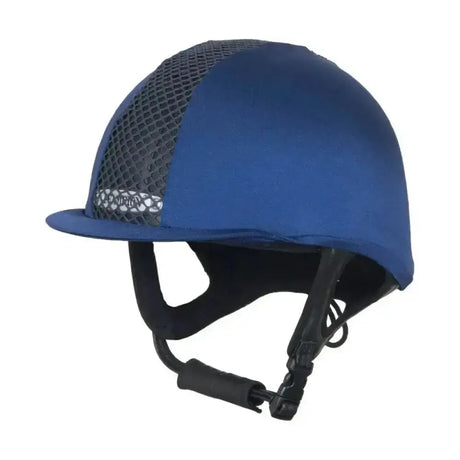 Blue champion ventair lycra riding hat cover with mesh panel and black adjustable straps for equestrian use