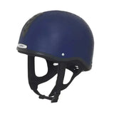 Navy blue champion x-air jockey helmet riding hat with black straps and ventilation holes sized 56cm to 63cm