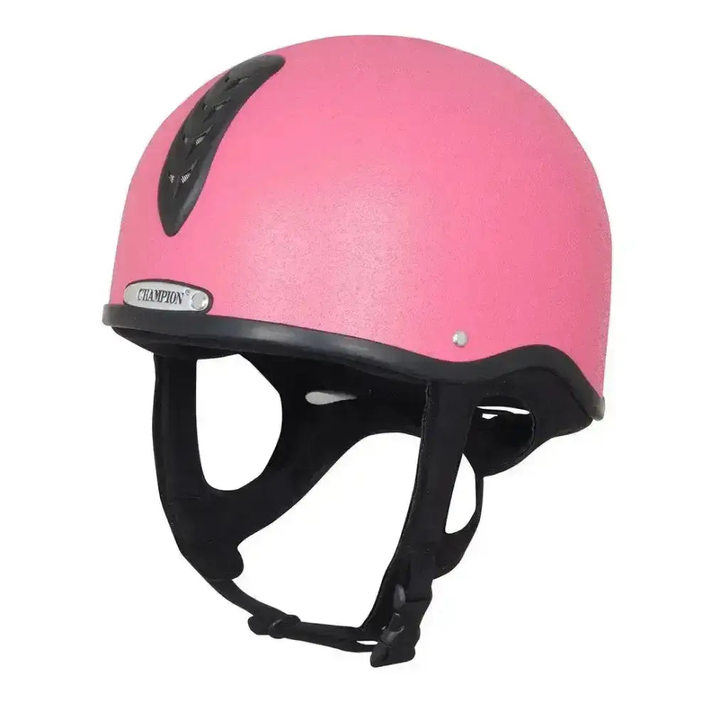 Pink champion x-air jockey helmet riding hat with black vents and adjustable straps for 56cm to 63cm head size