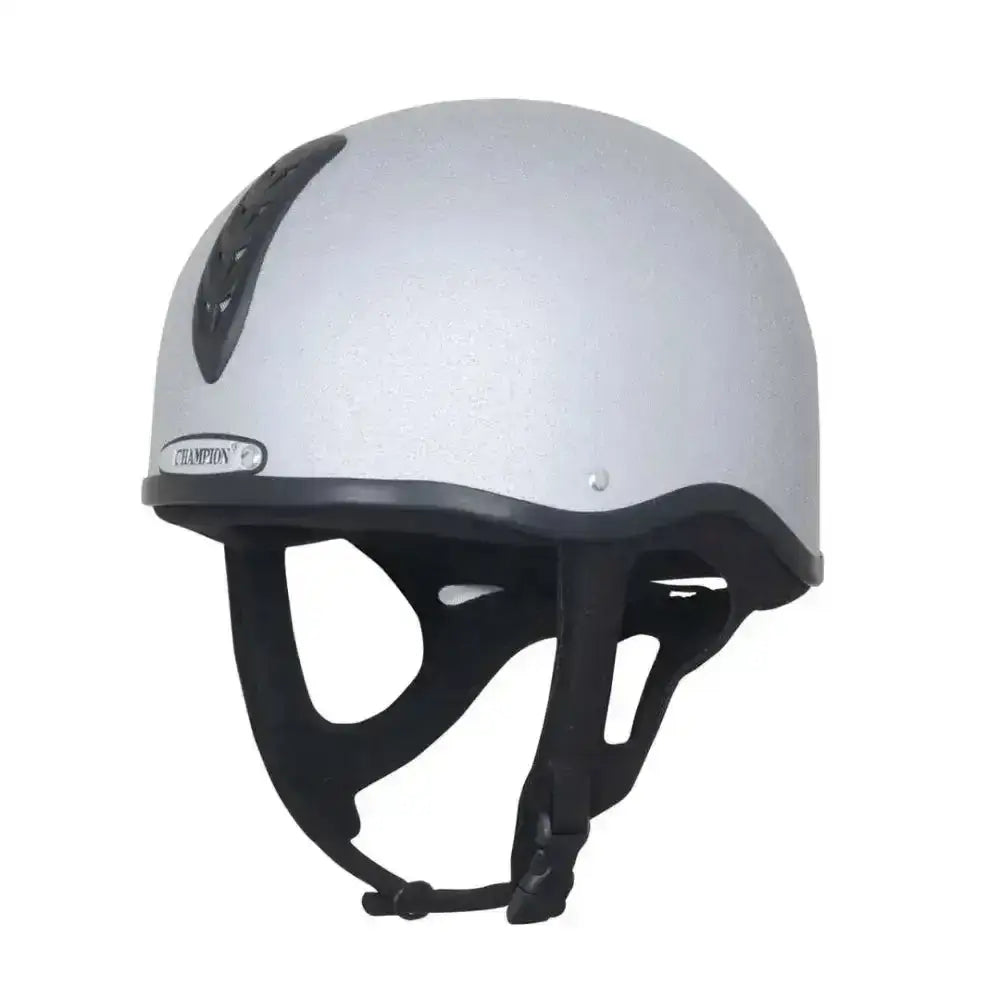 Silver champion x-air junior jockey helmet riding hat with black ventilation slots and adjustable straps