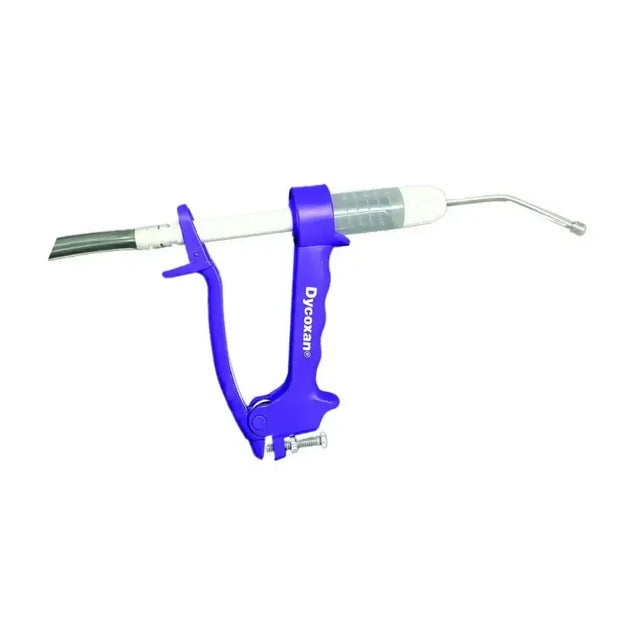 Blue plastic and metal chanelle dycoxan cow drench gun with white barrel and silver needle tip for easy dosing