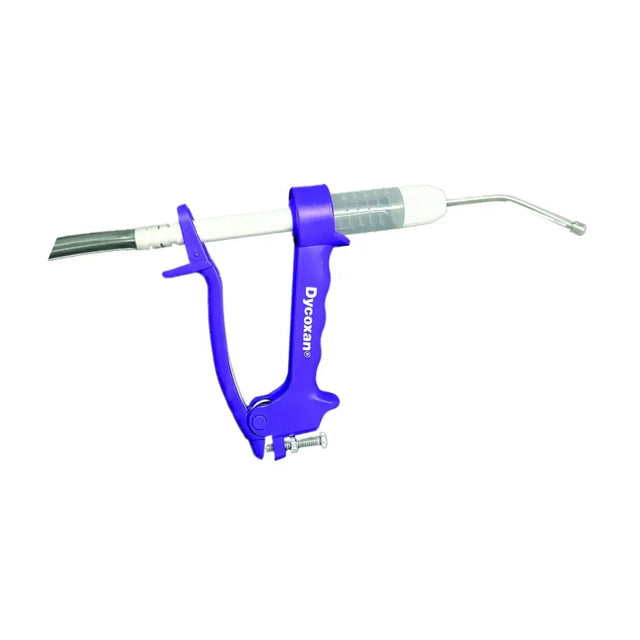 Blue plastic-handled chanelle dycoxan lamb drench gun with white barrel and metal needle for easy dosing