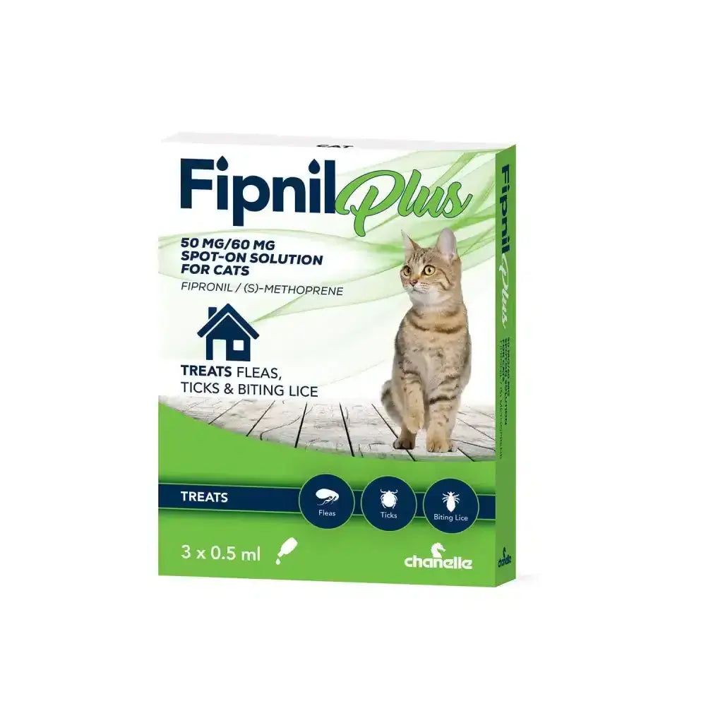 Green and white box of chanelle fipnil plus spot-on for cats with tabby cat illustration fighting flea eggs and biting lice