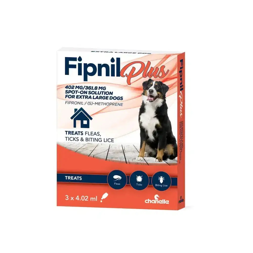 Orange and white box of chanelle fipnil plus spot-on for extra large dogs with black white and tan dog fights biting lice