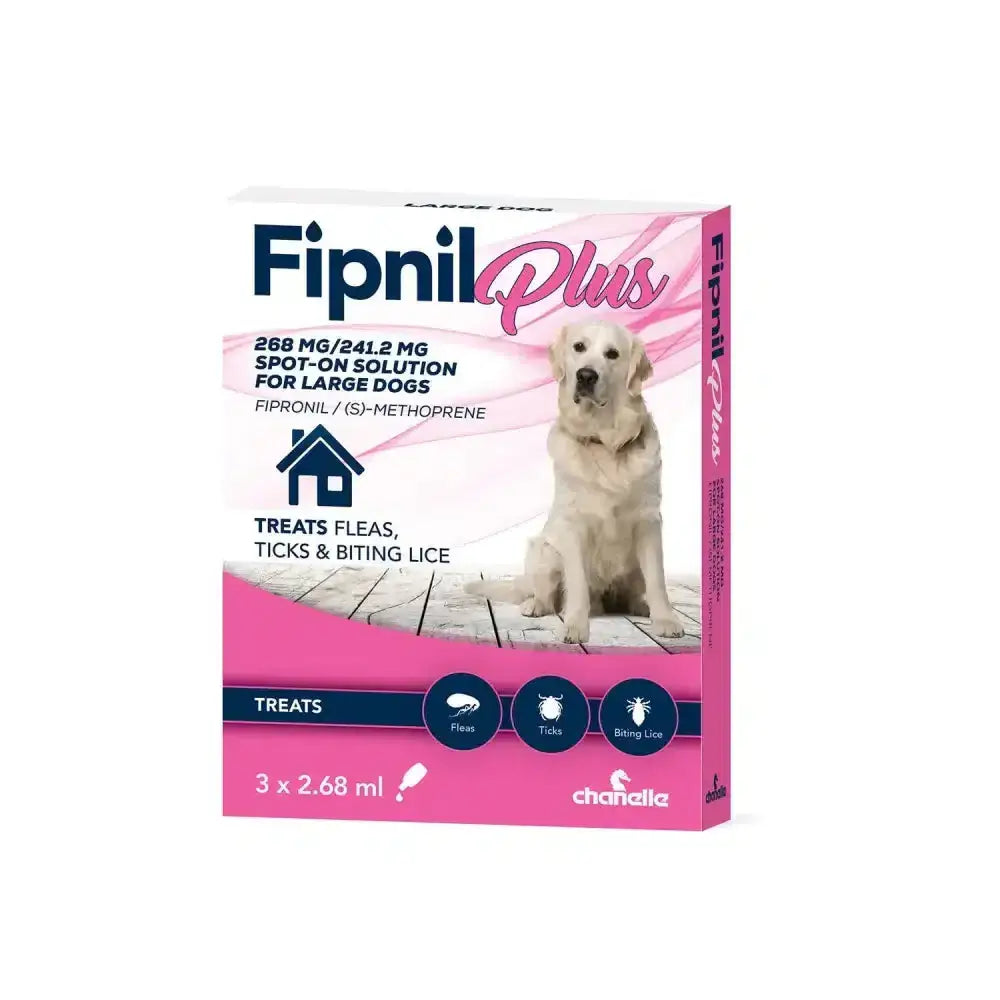 Pink rectangular box of chanelle fipnil plus spot-on solution for large dogs with biting lice and flea eggs control featuring golden retriever