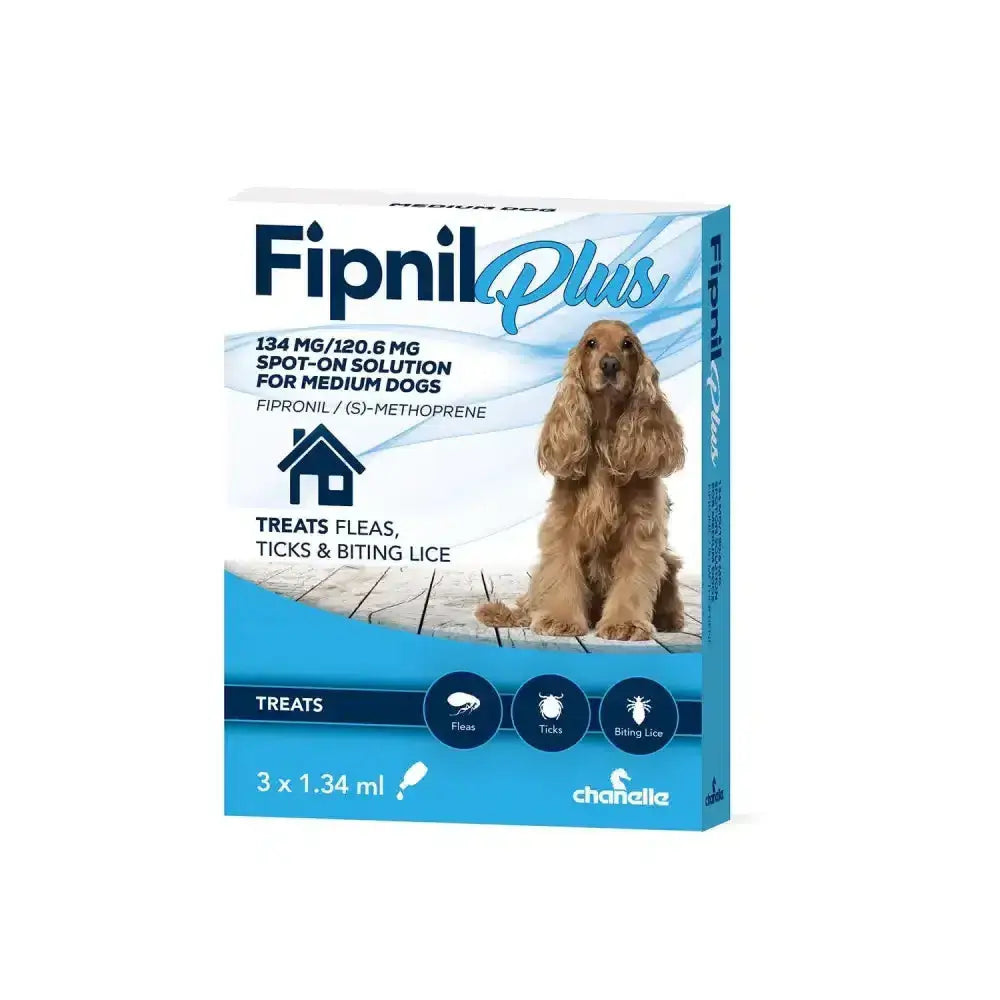 Blue and white box of chanelle fipnil plus spot-on for medium dogs with a golden cocker spaniel treating biting lice and flea eggs