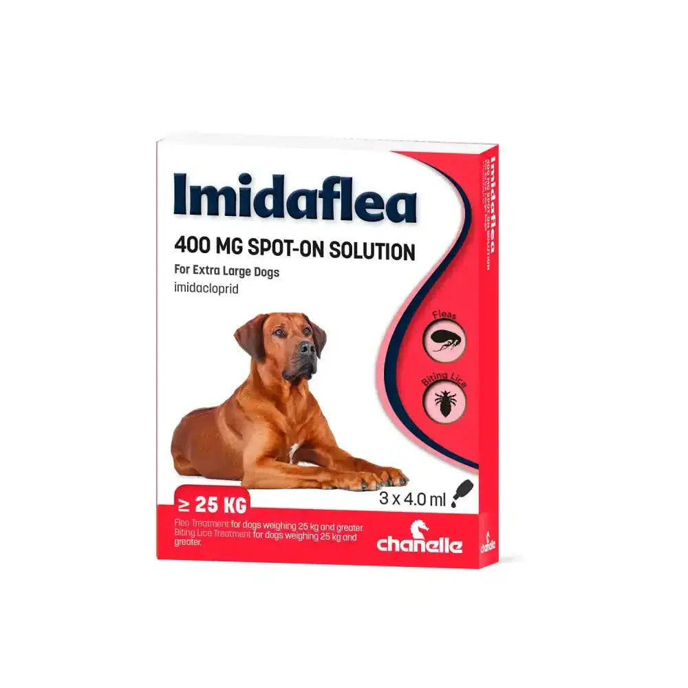 Red and white box of chanelle imidaflea 400gm spot-on solution with brown dog for extra large dogs treating flea larvae pupae