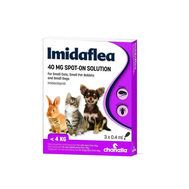 Purple and white box of chanelle imidaflea 40gm spot-on for small pets kills flea larvae pupae under 4 kg