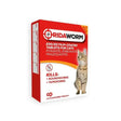 Red and white cardboard box of chanelle ridaworm cat tablets showing a tabby cat for an effective cat worming product