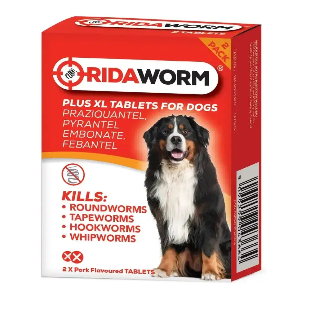Red and white cardboard box of chanelle ridaworm plus xl tablets for dogs with a black brown and white dog on front