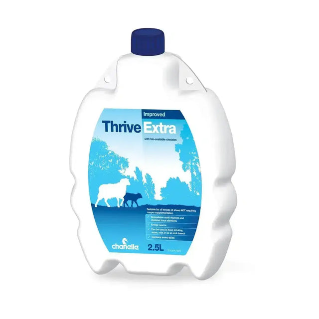 White plastic bottle with blue cap and sheep design label for chanelle thrive extra to maximise growth