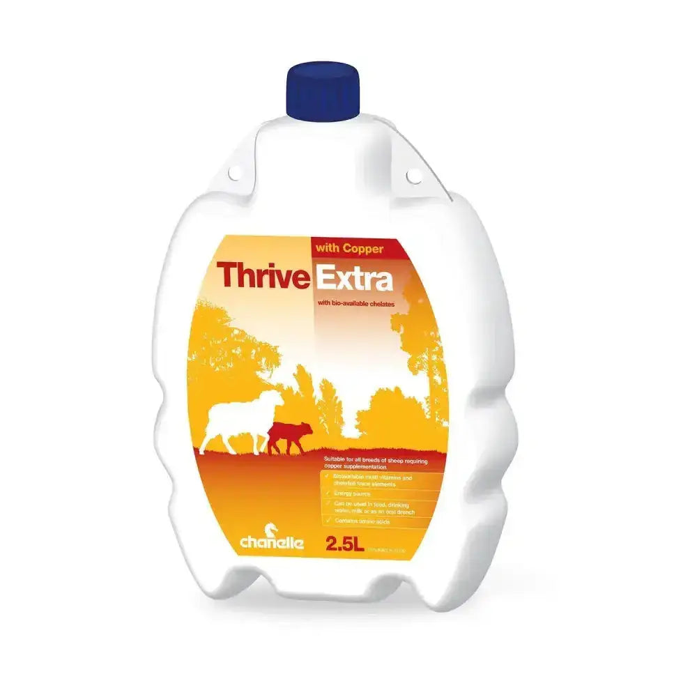 White plastic bottle with blue cap and orange label for chanelle thrive extra livestock feed supplement with copper and amino acids