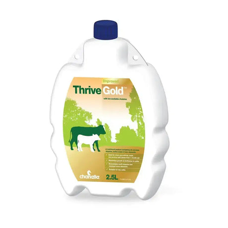 White plastic bottle with blue cap and green label showing cows labeled chanelle thrive gold with trace elements including copper