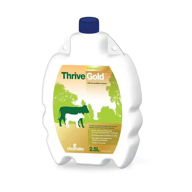 White plastic bottle with blue cap and green label showing cows labeled chanelle thrive gold with trace elements including copper