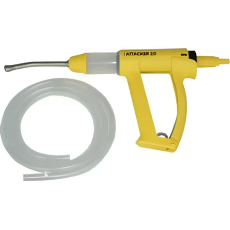 Yellow plastic and metal attachair 30 suction pump with clear tubing for chanelle tribex sheep drencher use