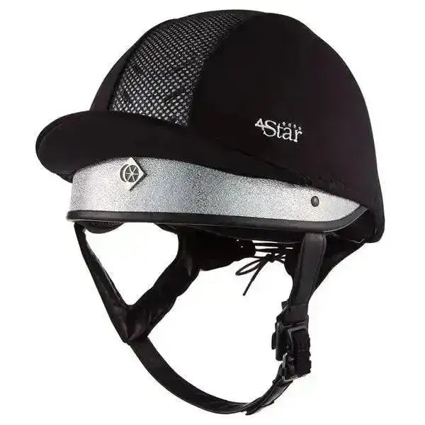 Black charles owen 4star riding hat with silver band mesh ventilation and 4star cross-country skull logo
