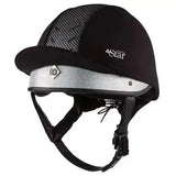 Black charles owen 4star riding hat with silver band mesh ventilation and 4star cross-country skull logo