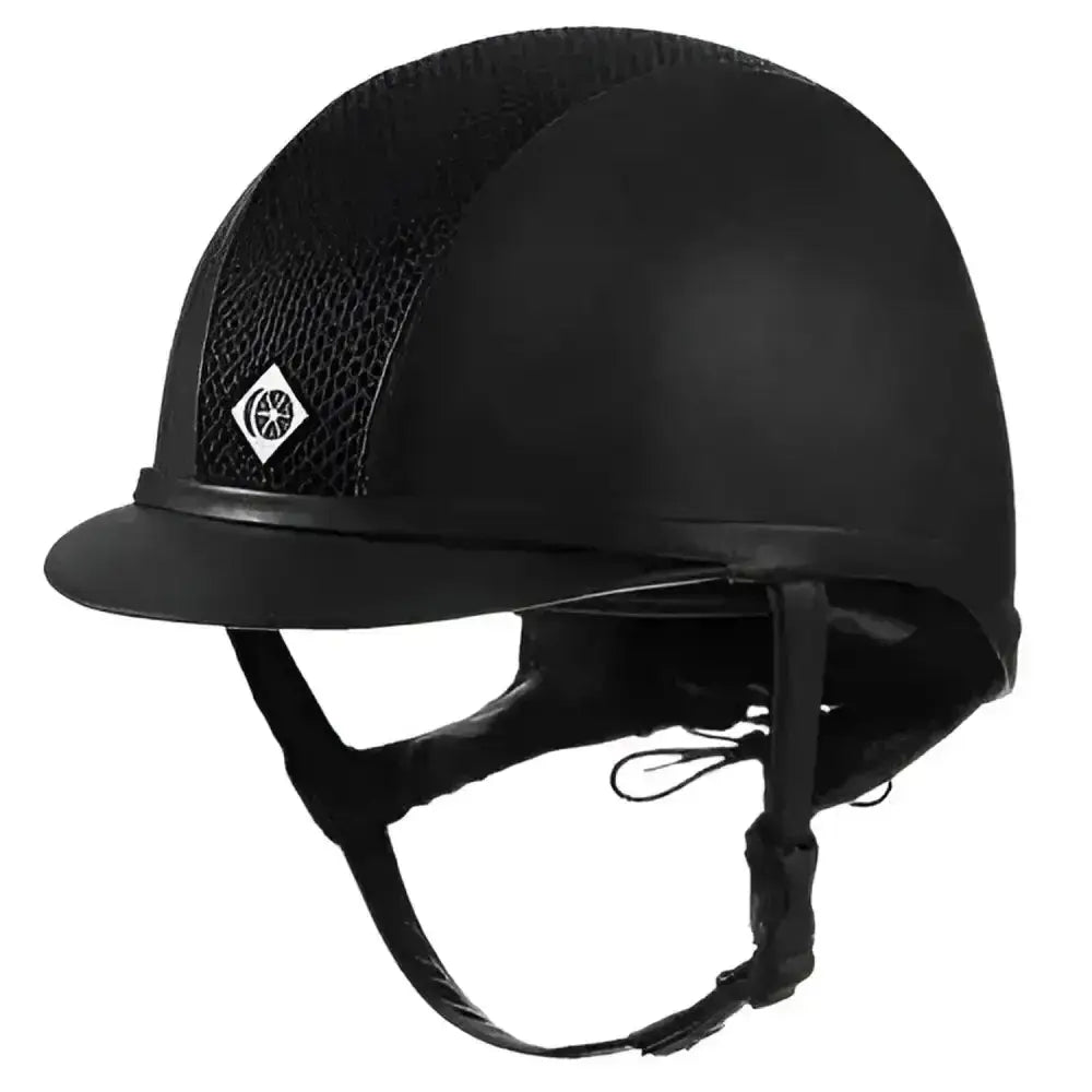 Black charles owen ayr8 plus riding helmet with mesh panel and diamond logo exclusive leather-look design for added elegance