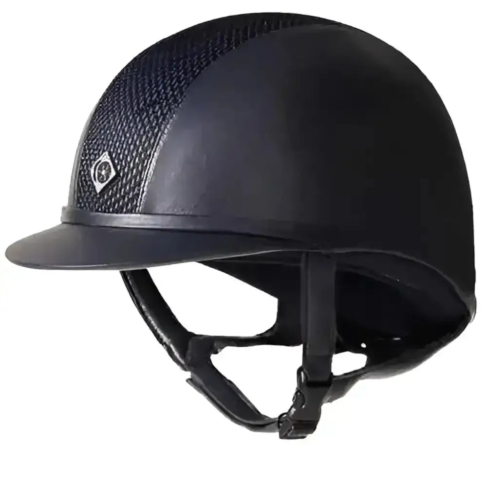Black charles owen ayr8 plus leather look riding hat with smooth glossy finish and breathable mesh panel for added elegance