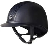 Black charles owen ayr8 plus leather look riding hat with smooth glossy finish and breathable mesh panel for added elegance