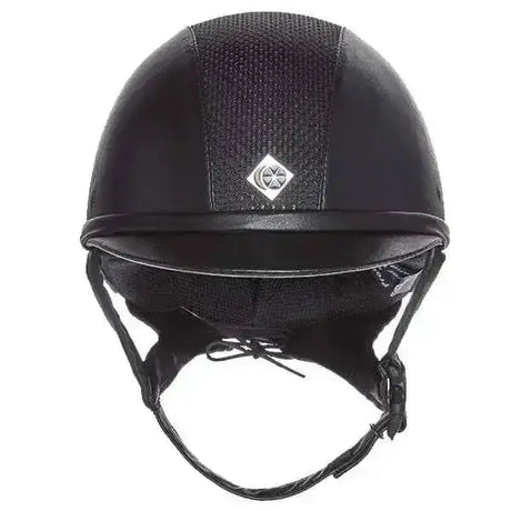 Black charles owen ayr8 plus leather look riding hat with smooth glossy shell and breathable mesh panels for added elegance