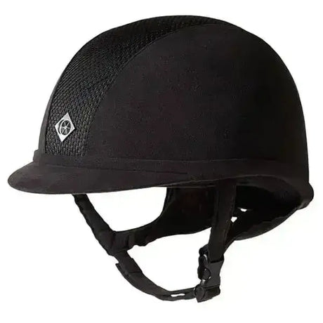 Black charles owen ayr8 plus riding hat with mesh panel and silver diamond logo for safe and stylish riding