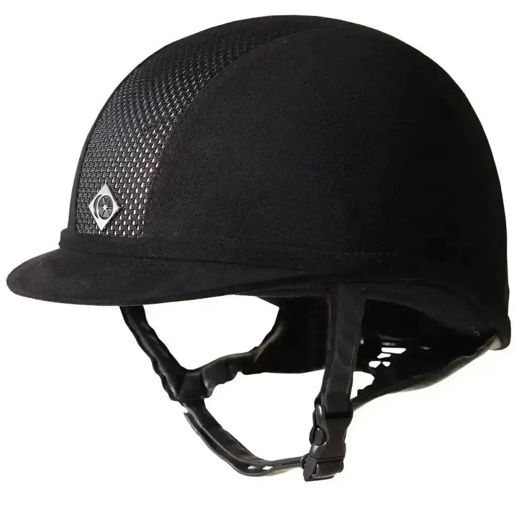 Black charles owen ayr8 riding hat cover with mesh panel and diamond-shaped logo for flagship ayr8 riding hat