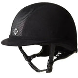 Black charles owen ayr8 riding hat cover with mesh panel and diamond-shaped logo for flagship ayr8 riding hat