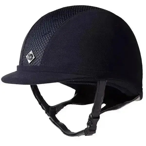 Black charles owen ayr8 plus riding hat with mesh panel and diamond logo front for flagship ayr8 riding use