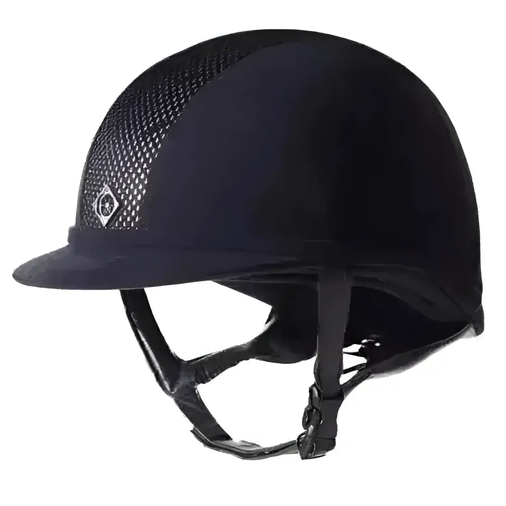 Black charles owen ayr8 plus riding hat with mesh panel and adjustable straps for comfortable riding safety