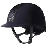 Black charles owen ayr8 plus riding hat with mesh panel and adjustable straps for comfortable riding safety