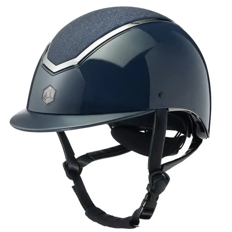 Navy blue charles owen eqx kylo riding helmet with glossy finish silver stripe and textured top panel