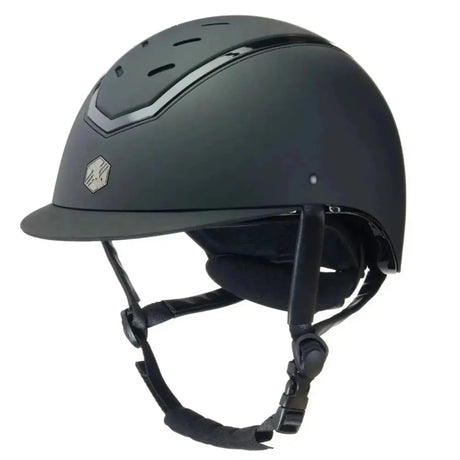 Matte black charles owen eqx kylo riding helmet with sleek aerodynamic design and silver accent stripes on top