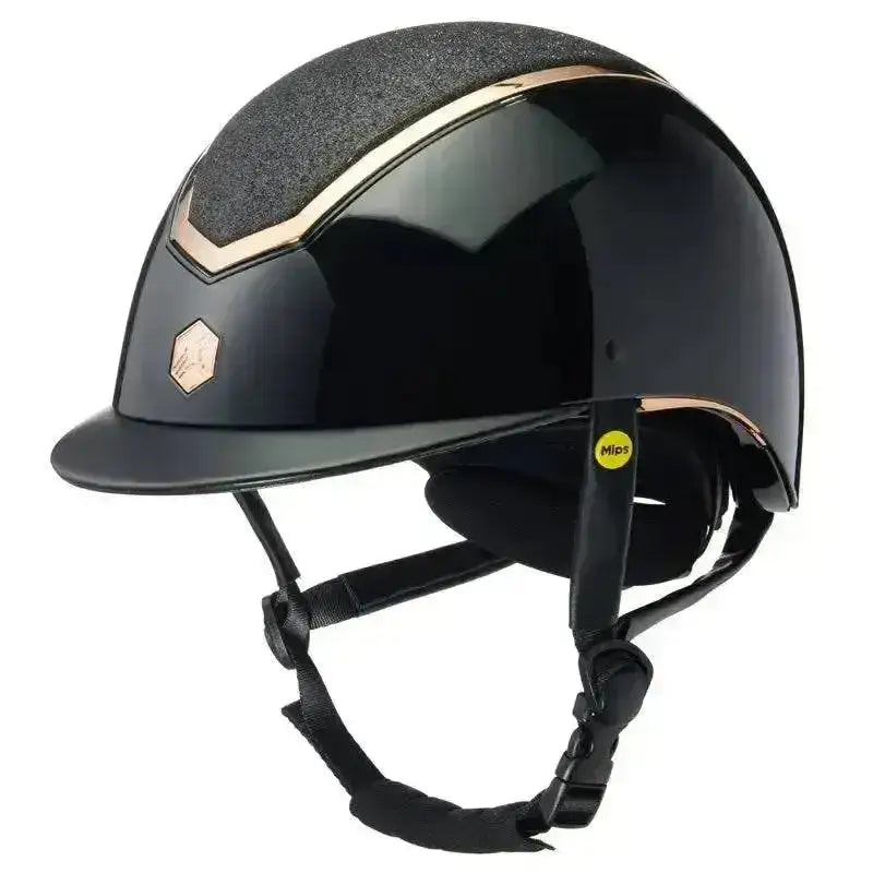 Black charles owen eqx kylo sparkly riding helmet with glossy finish gold accents and hexagonal logo on front